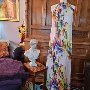 BE by Chetta B Colorful Abstract Maxi Dress. Halter neck & Flowing Skirt